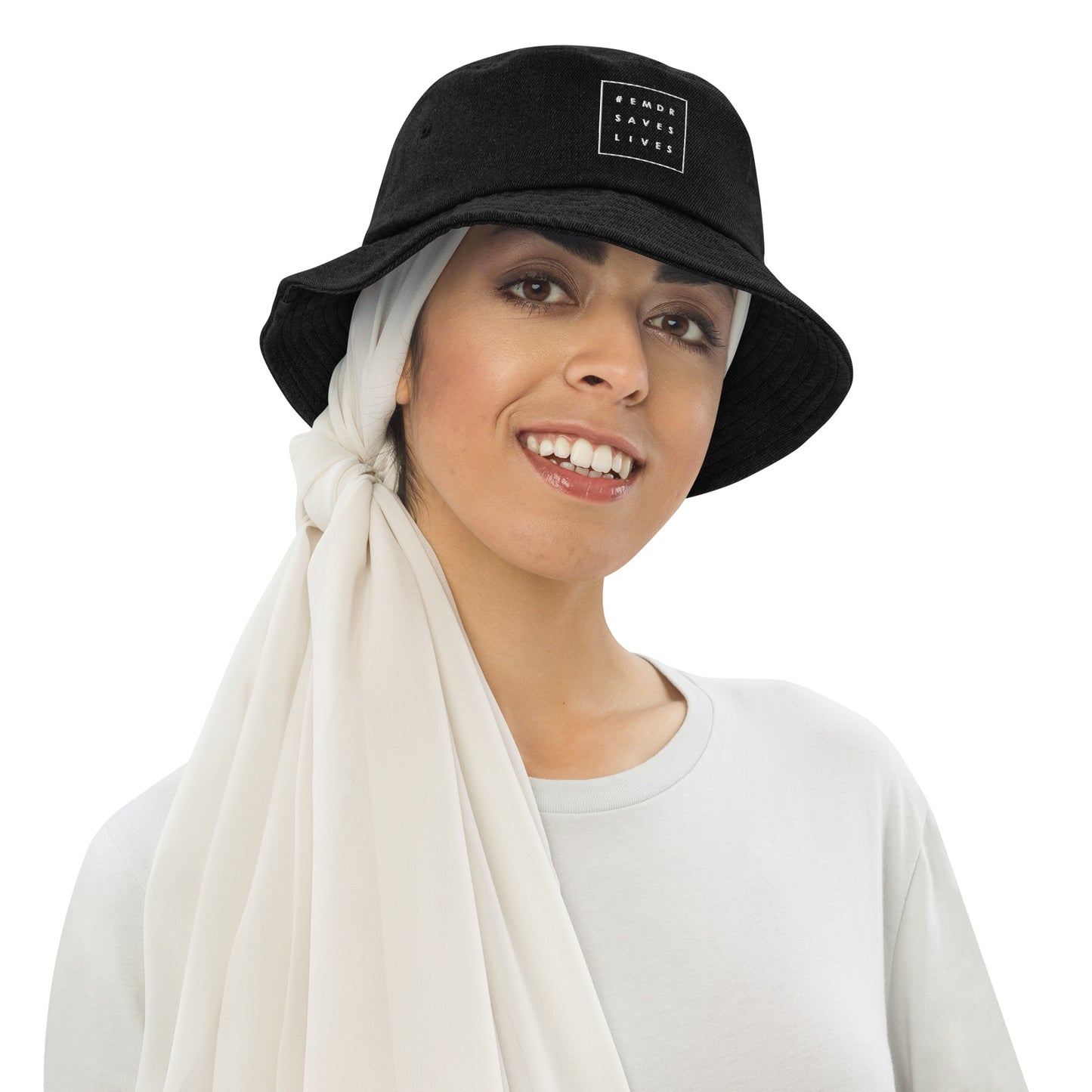 #EMDRSAVESLIVES Denim Bucket Hat (Black Denim / One size) , Flat Embroidery
