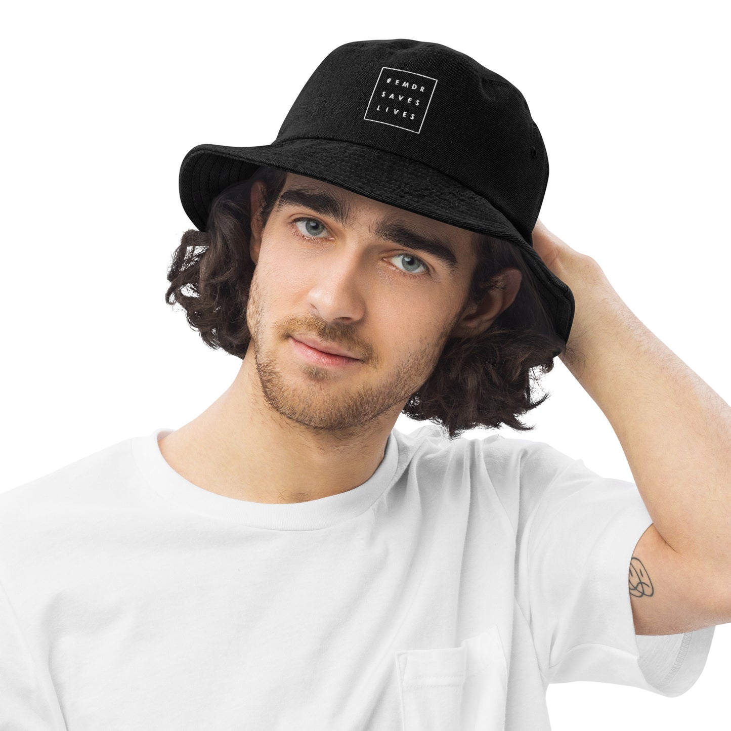 #EMDRSAVESLIVES Denim Bucket Hat (Black Denim / One size) , Flat Embroidery